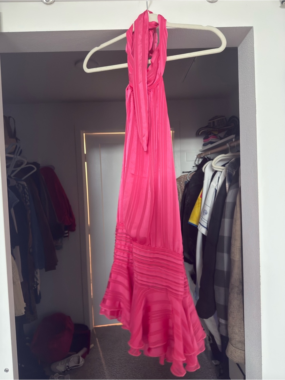 Peppermayo Vibrant Pink Halter Pleated Ruffle Mini Dress